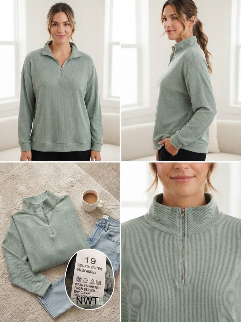 Women's Green Ribbed 1/4 Zip Pullover Sweatshirt Long Sleeve Sweater XL
